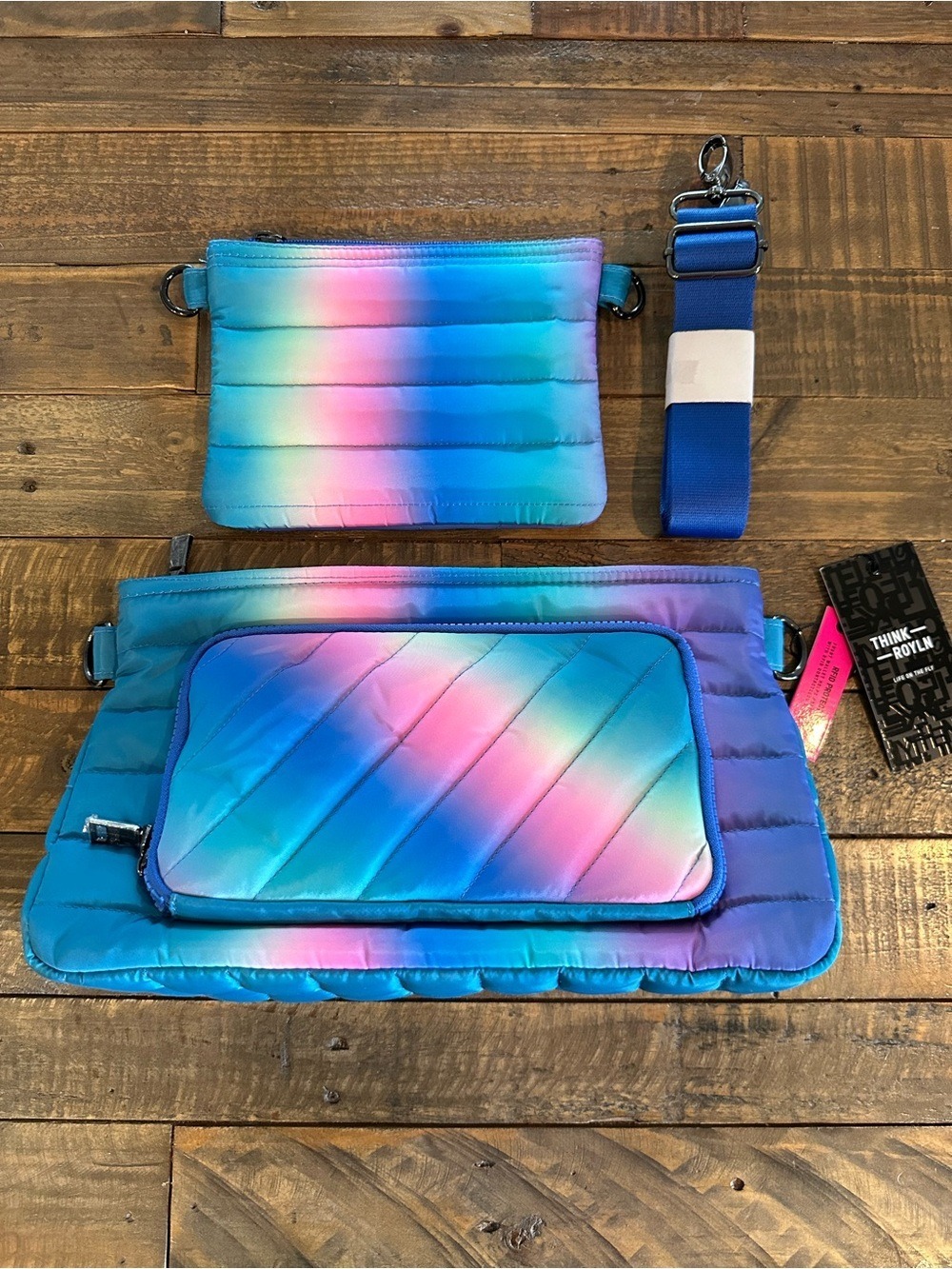 Think Rolyn Bank Street XL Crossbody Set Blue Lagoon Ombre New With Tags